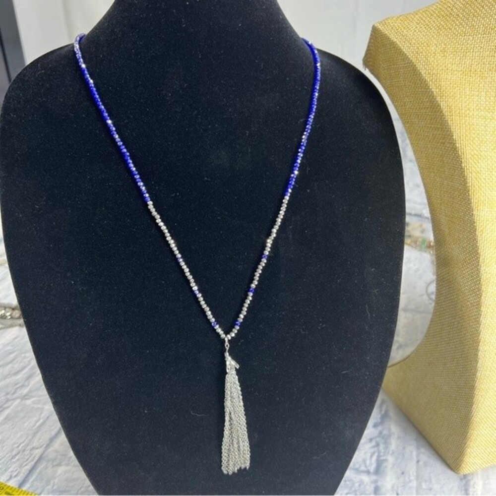Tassel necklace long with blue and silver crystals sparkle!